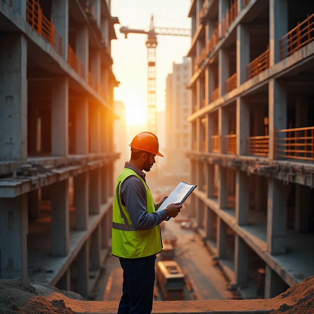 Construction inspector measuring building progress with blueprints