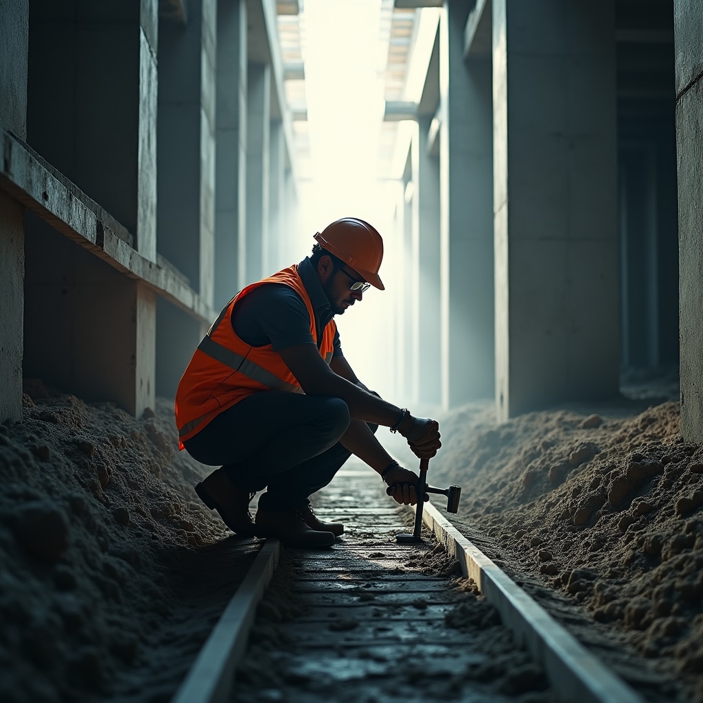 Inspector examining foundation and structural elements of building under construction