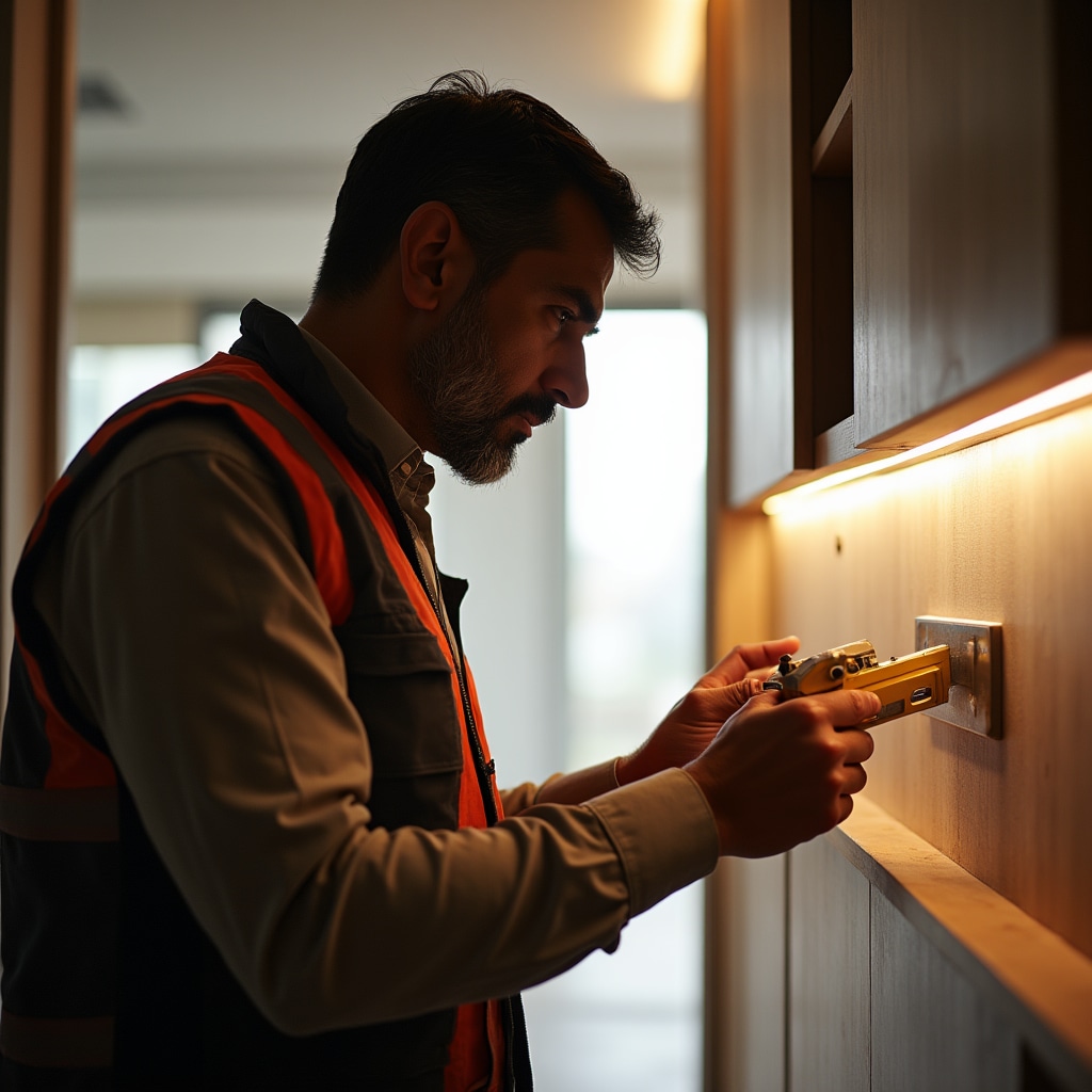 Inspector reviewing interior finish quality and installation details