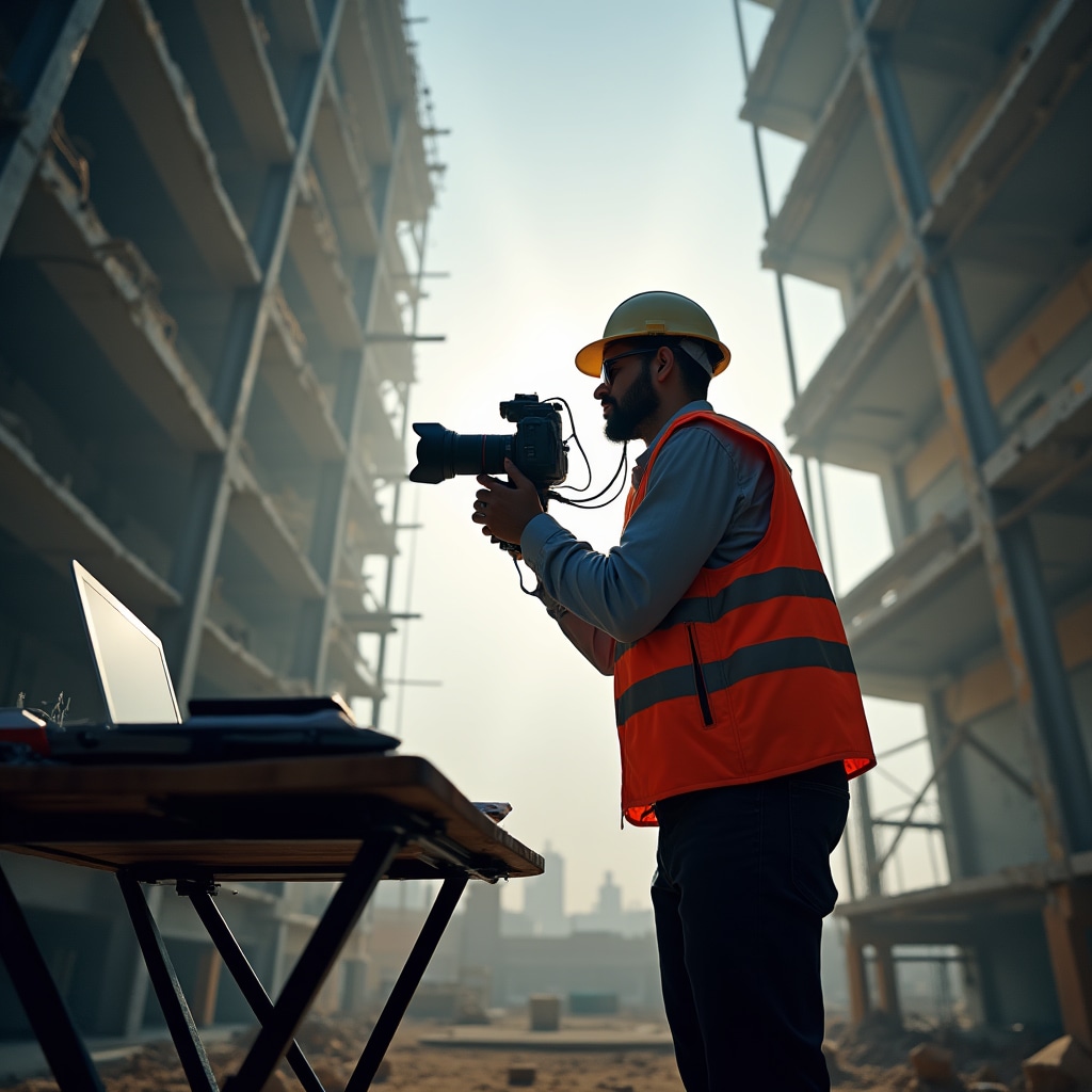 Inspector taking detailed photographs of construction site with professional camera