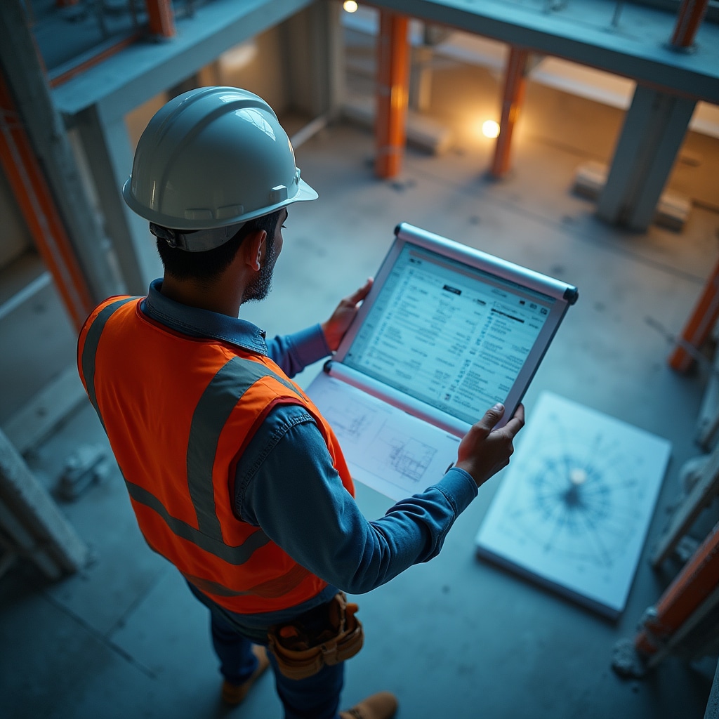 Inspector verificando avance de construcción contra documentación del proyecto